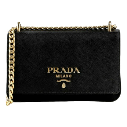 Prada Tessuto and Saffiano Leather Black Crossbody Bag with Gold Chain Strap -   Shop Bags LLC 