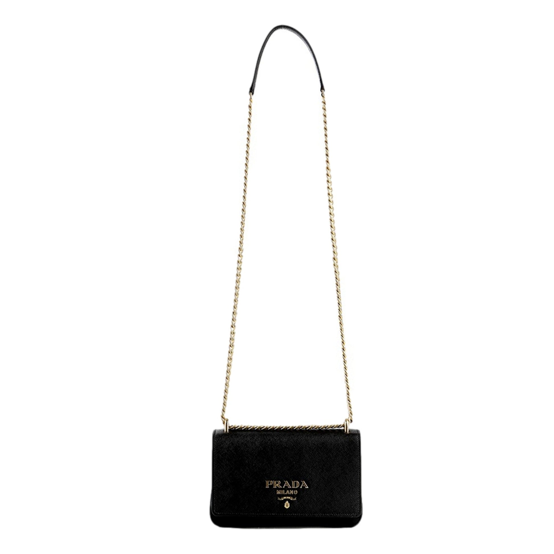 Prada Tessuto and Saffiano Leather Black Crossbody Bag with Gold Chain Strap -   Shop Bags LLC 