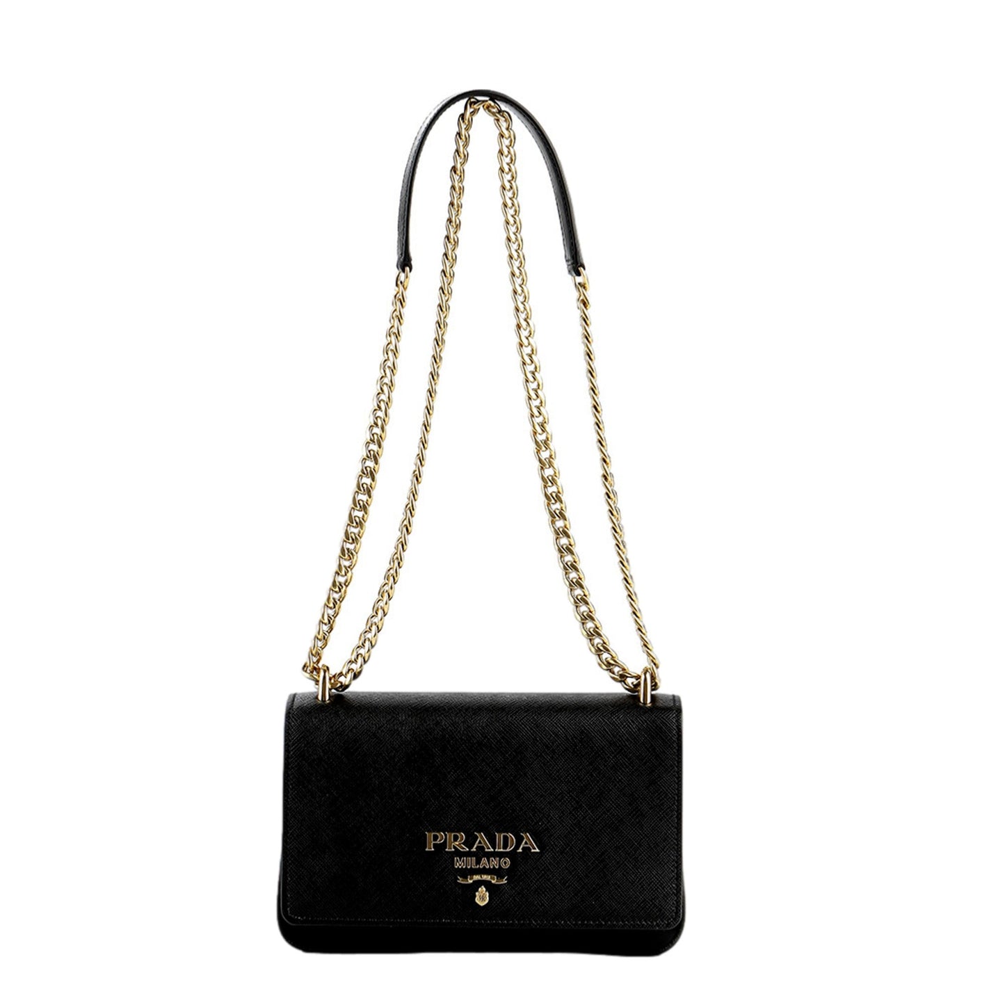Prada Tessuto and Saffiano Leather Black Crossbody Bag with Gold Chain Strap -   Shop Bags LLC 