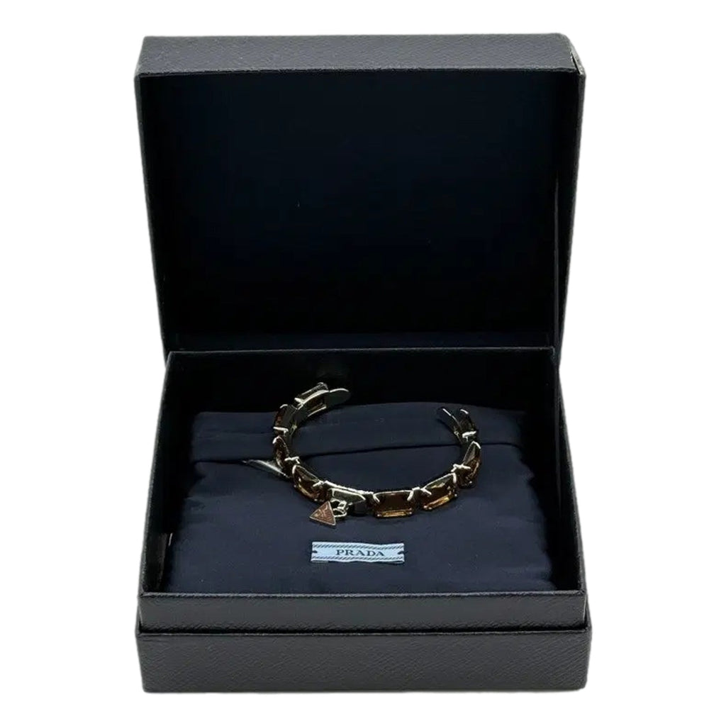 Prada Triangolo Silver Tone Brown Crystal Cuff Bracelet - Luxury Style -   Shop Bags LLC 