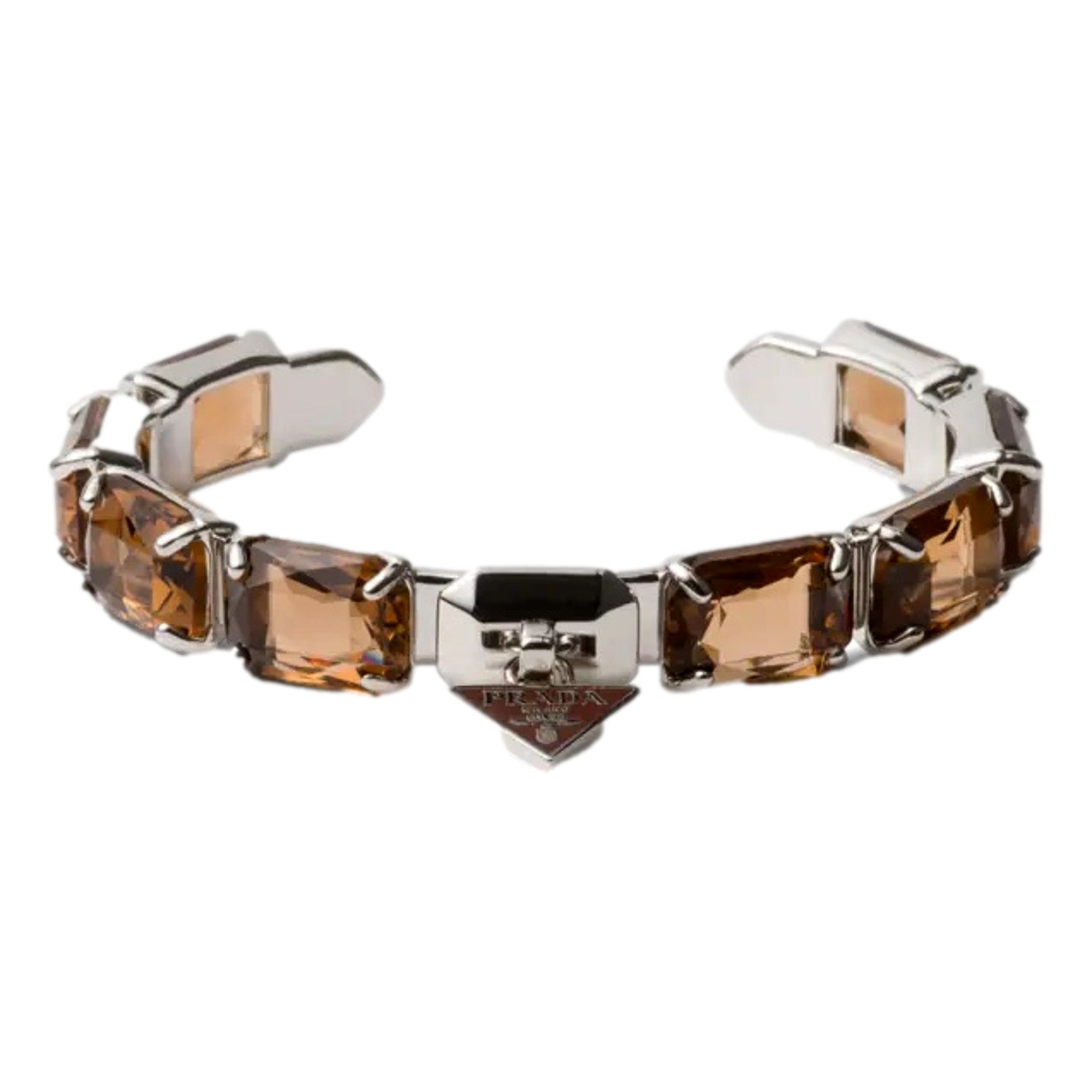 Prada Triangolo Silver Tone Brown Crystal Cuff Bracelet - Luxury Style -   Shop Bags LLC 
