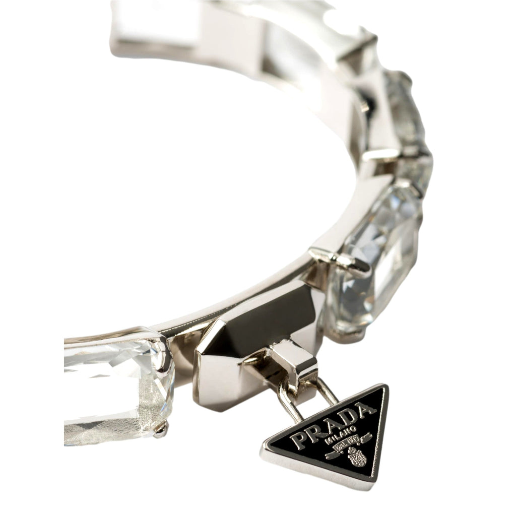 Prada Triangolo Silver Tone Crystal Cuff Bracelet Triangle Logo -   Shop Bags LLC 
