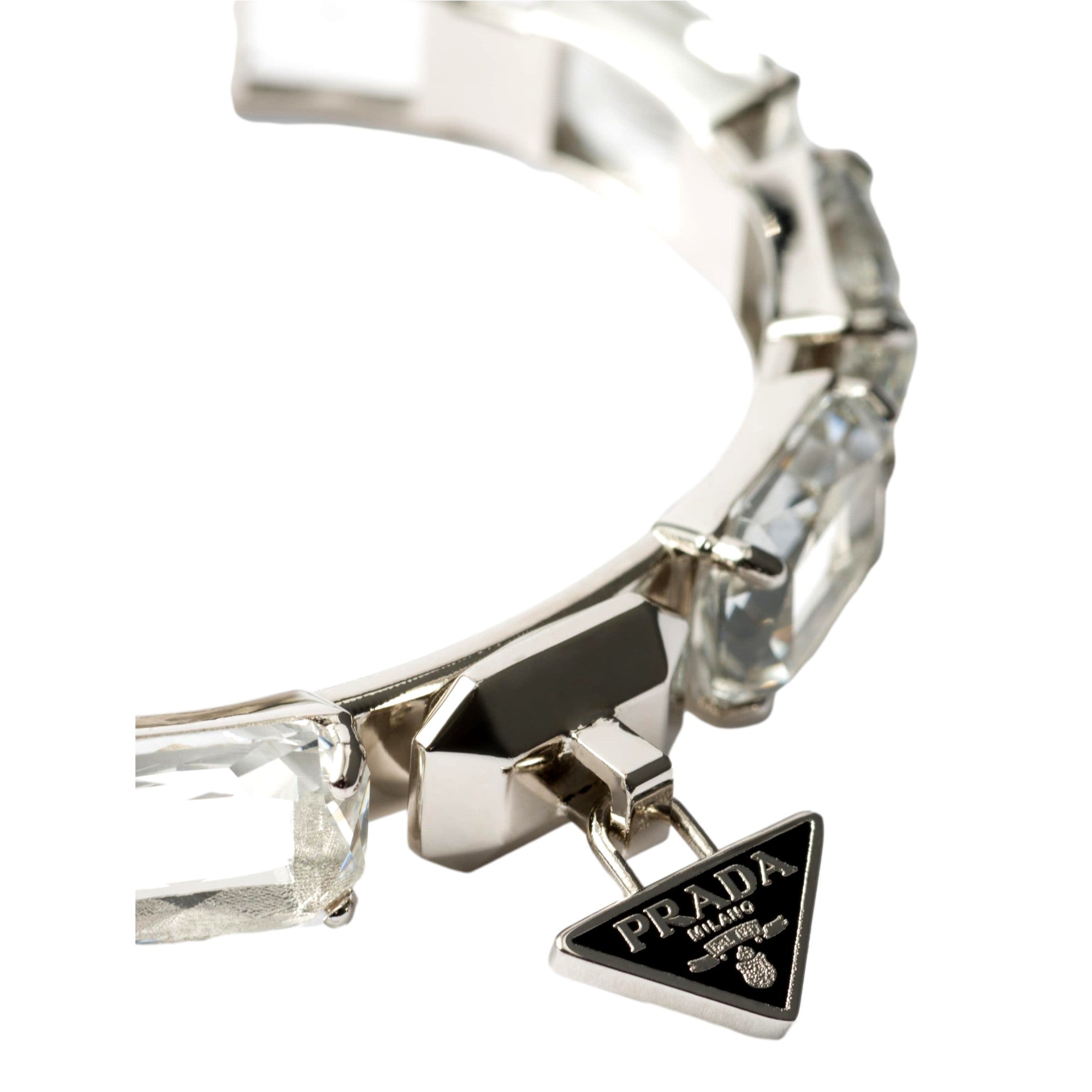 Prada Triangolo Silver Tone Crystal Cuff Bracelet Triangle Logo -   Shop Bags LLC 