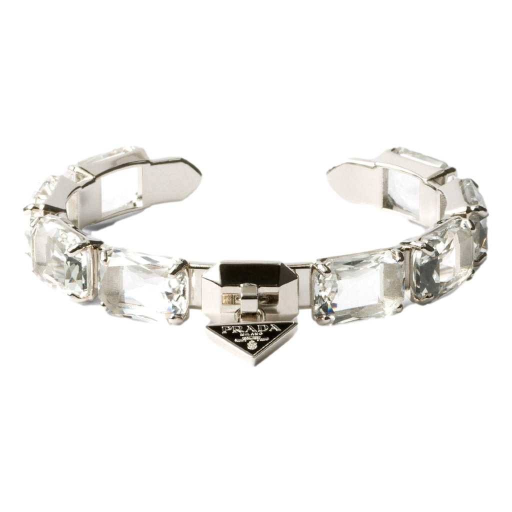 Prada Triangolo Silver Tone Crystal Cuff Bracelet Triangle Logo -   Shop Bags LLC 
