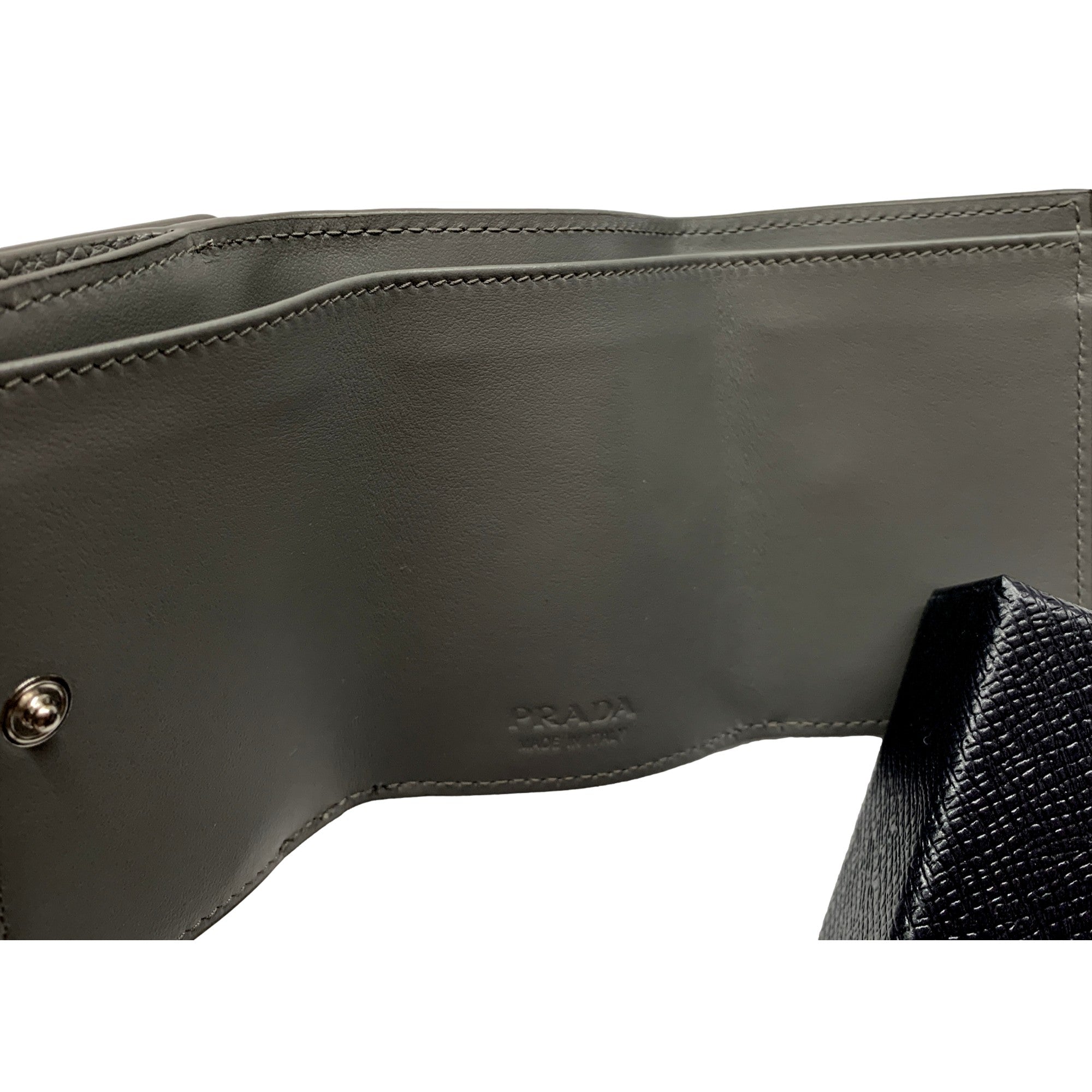 Prada Trifold Wallet - Elegant Marmo Grey Leather, Silver Logo Design -   Shop Bags LLC