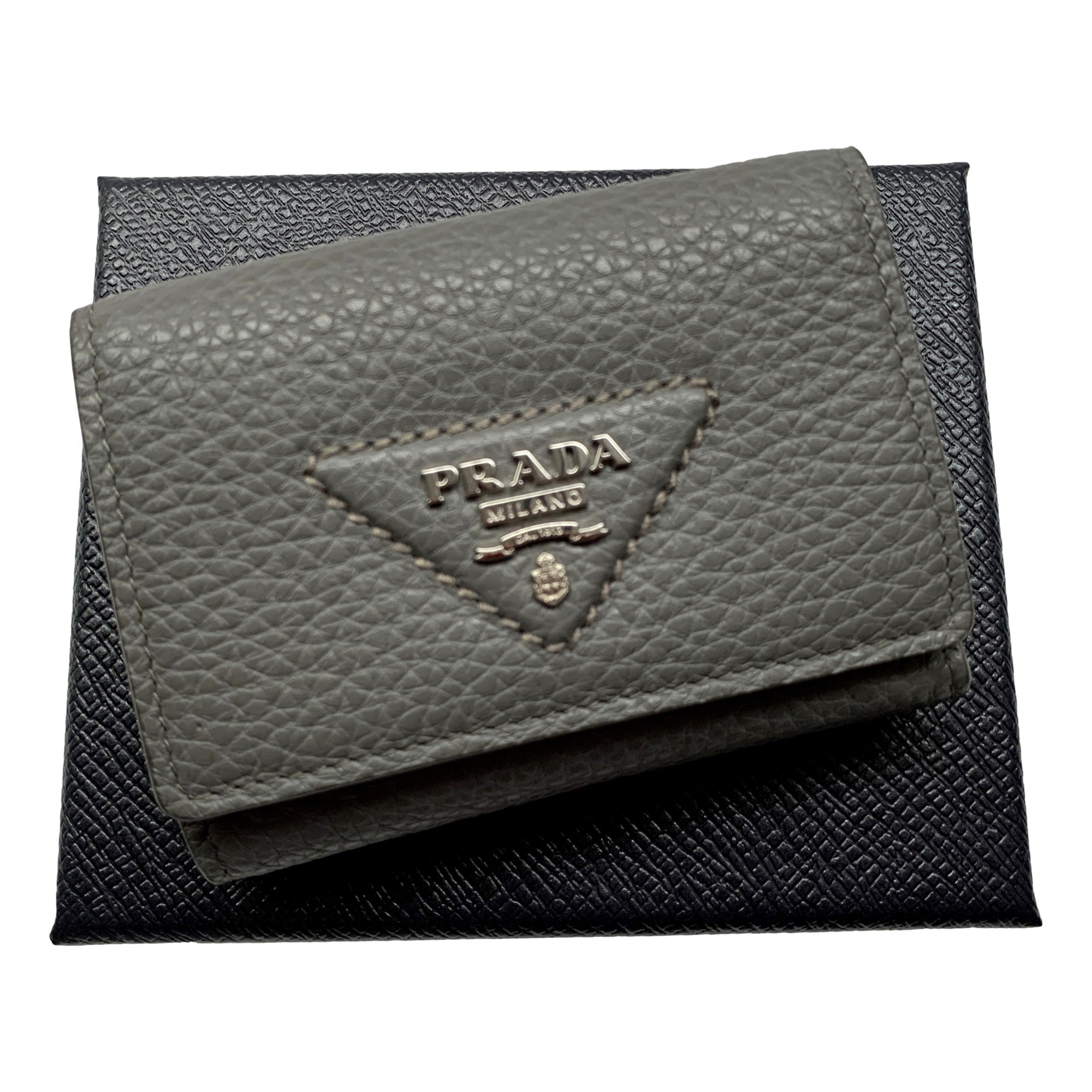Prada Trifold Wallet - Elegant Marmo Grey Leather, Silver Logo Design -   Shop Bags LLC