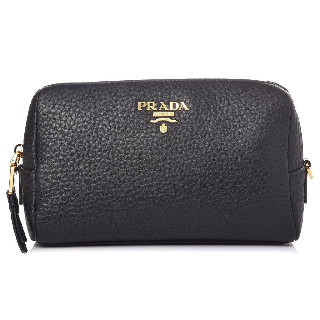 Prada Vitello Daino Black Leather Cosmetic Pouch - Stylish & Compact -   Shop Bags LLC