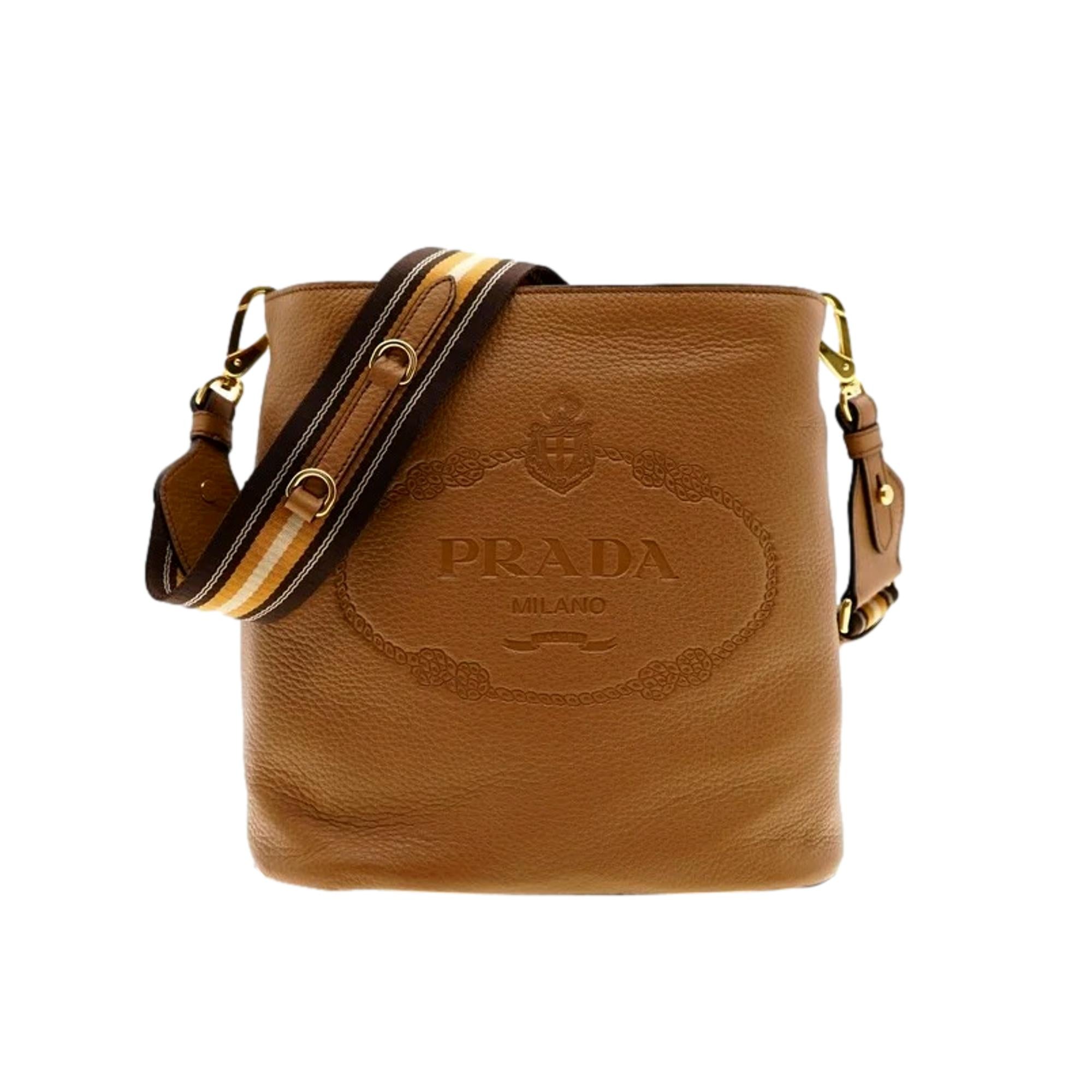 Prada Vitello Phenix Bucket Crossbody Bag - Chic Caramel Brown Design -   Shop Bags LLC 