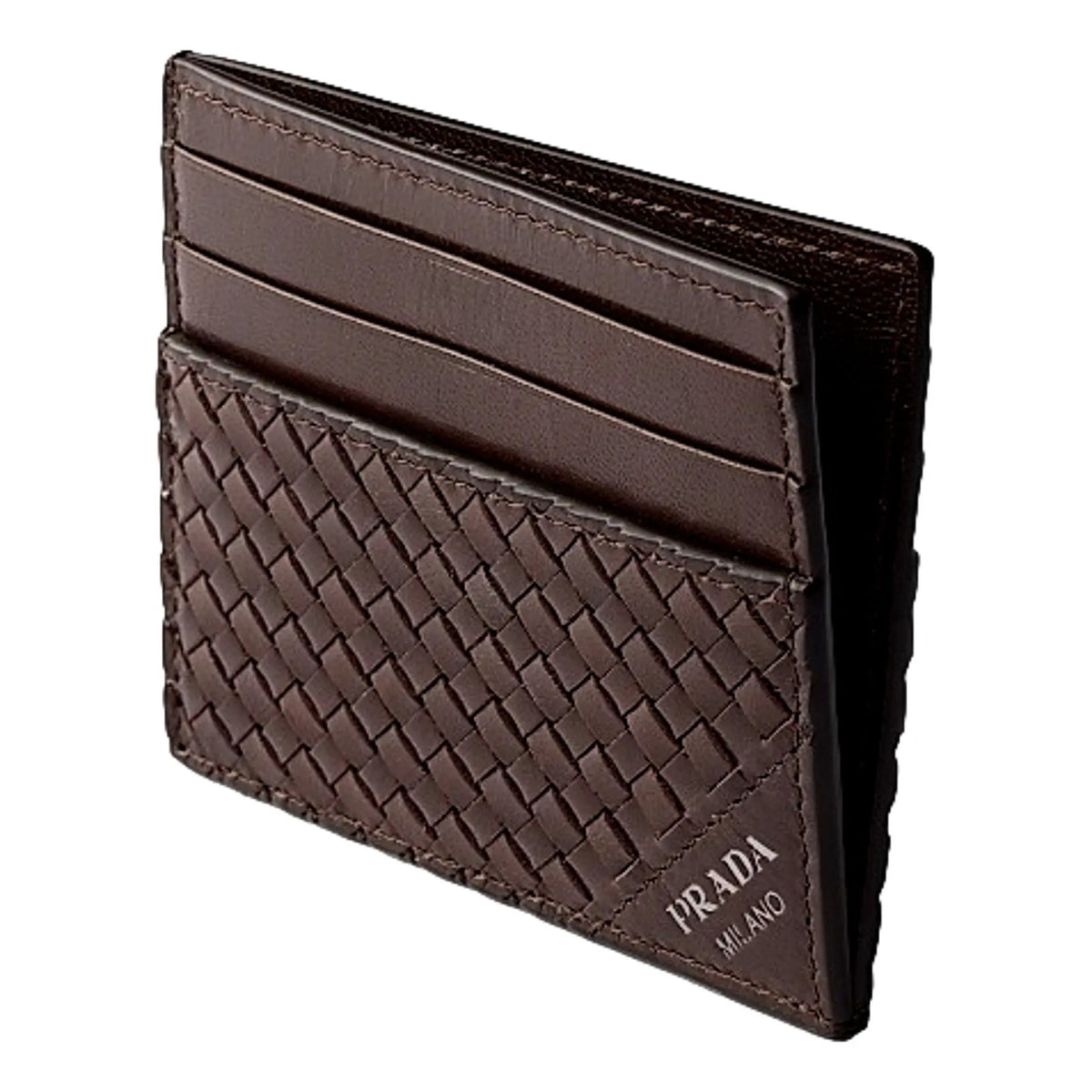 Prada Woven Leather Small Card Case Wallet Dark Brown