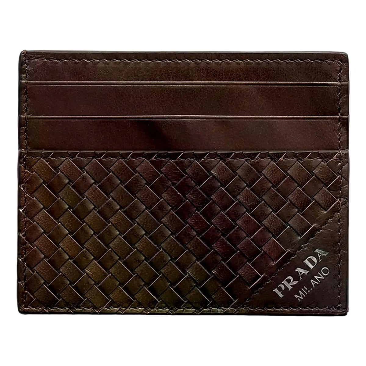 Prada Woven Leather Small Card Case Wallet Dark Brown