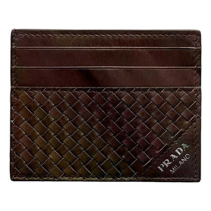 Prada Woven Leather Small Card Case Wallet Dark Brown