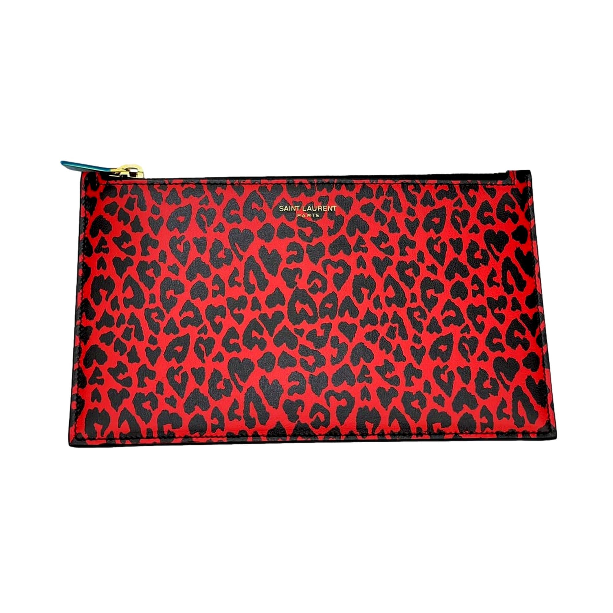 Saint Laurent Calfskin Leather Medium Pouch - Chic Rouge Leopard -   Shop Bags LLC 
