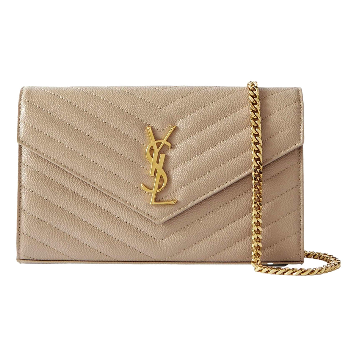 Saint Laurent Cassandre Matelass Chain Wallet in Beige Grain de Poudre Leather