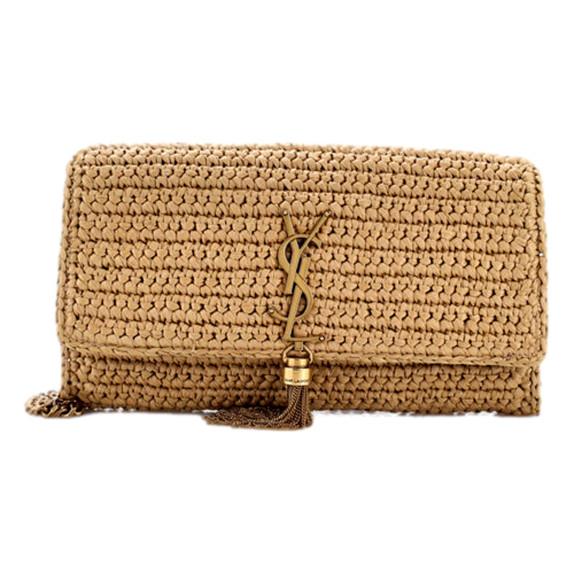 Saint Laurent Kate 99 YSL Beige Raffia Woven Crossbody with Tassel -   Shop Bags LLC