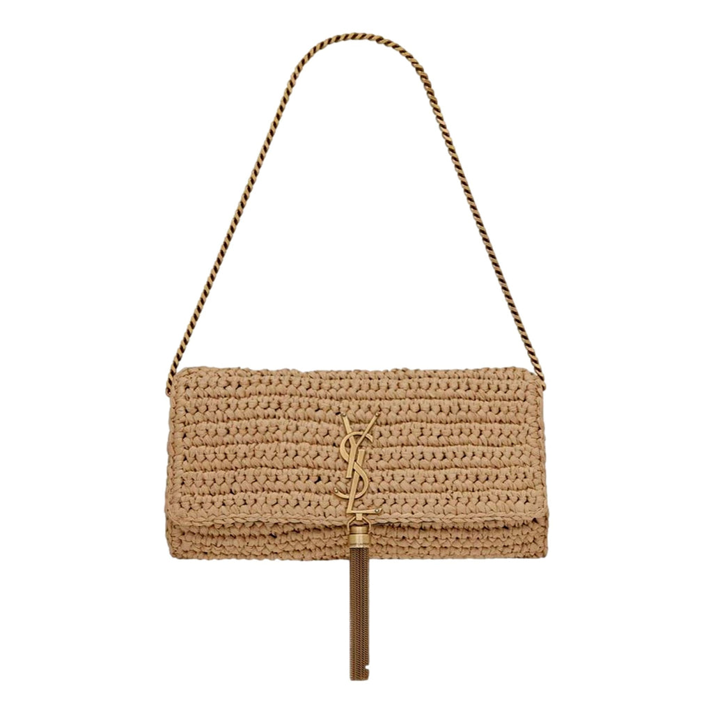 Saint Laurent Kate 99 YSL Beige Raffia Woven Crossbody with Tassel -   Shop Bags LLC