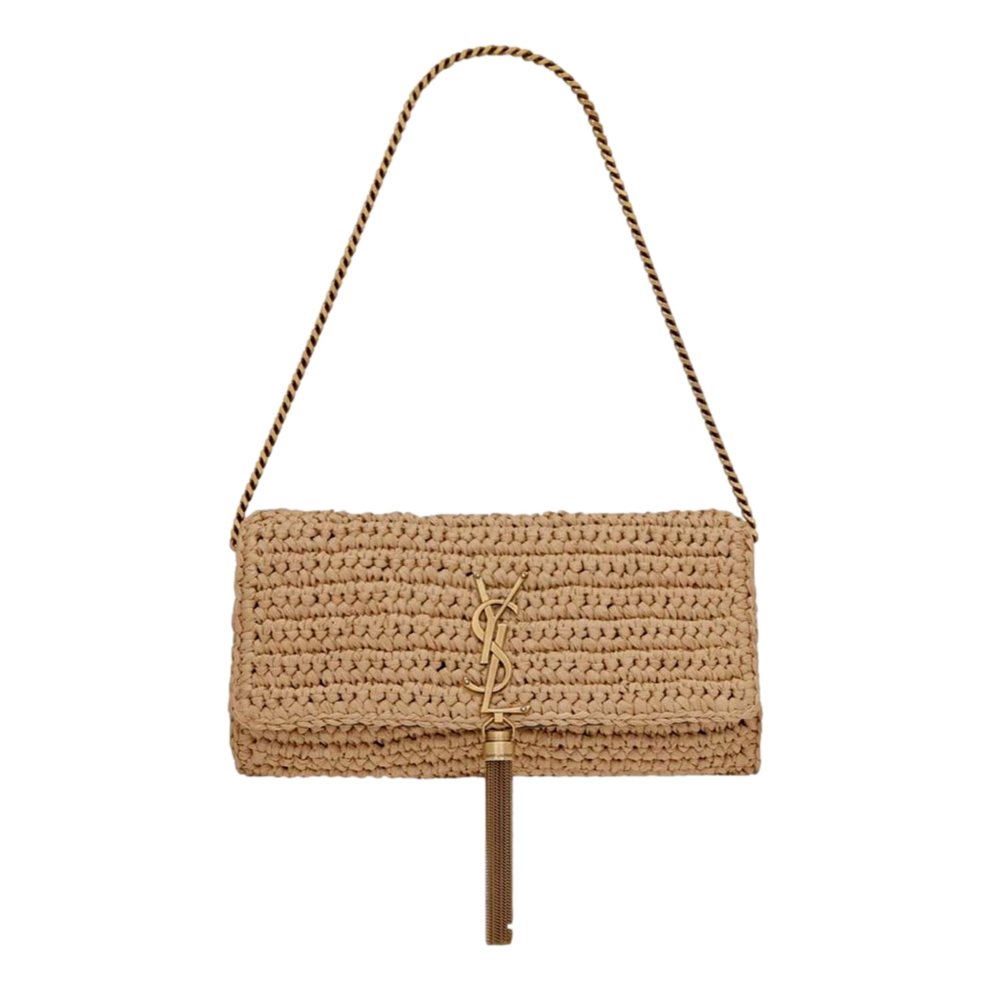 Saint Laurent Kate 99 YSL Beige Raffia Woven Crossbody with Tassel -   Shop Bags LLC