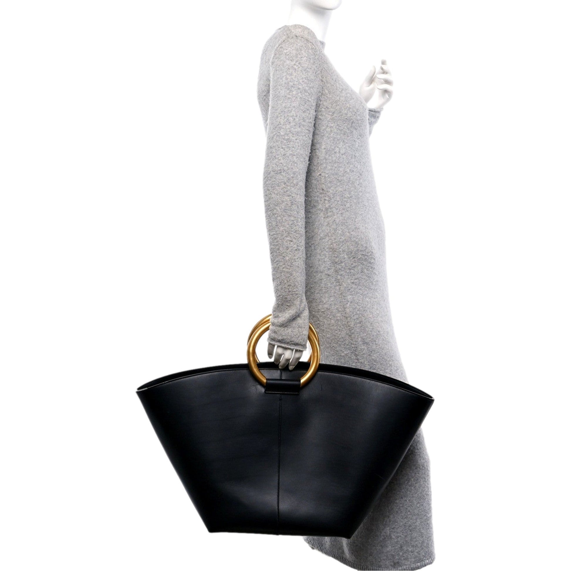Saint Laurent Maxi Tote Black Smooth Leather Gold Ring Top Handle Bag – Large YSL Statement Handbag -   Shop Bags LLC 