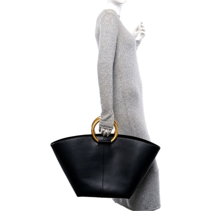 Saint Laurent Maxi Tote Black Smooth Leather Gold Ring Top Handle Bag – Large YSL Statement Handbag -   Shop Bags LLC 