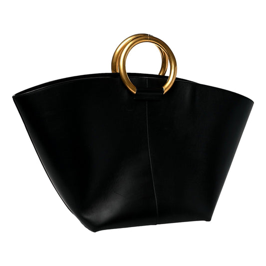 Saint Laurent Maxi Tote Black Smooth Leather Gold Ring Top Handle Bag – Large YSL Statement Handbag -   Shop Bags LLC 