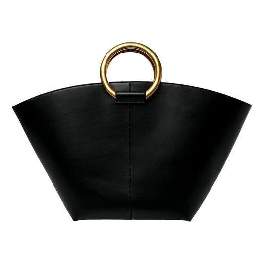 Saint Laurent Maxi Tote Black Smooth Leather Gold Ring Top Handle Bag – Large YSL Statement Handbag -   Shop Bags LLC 