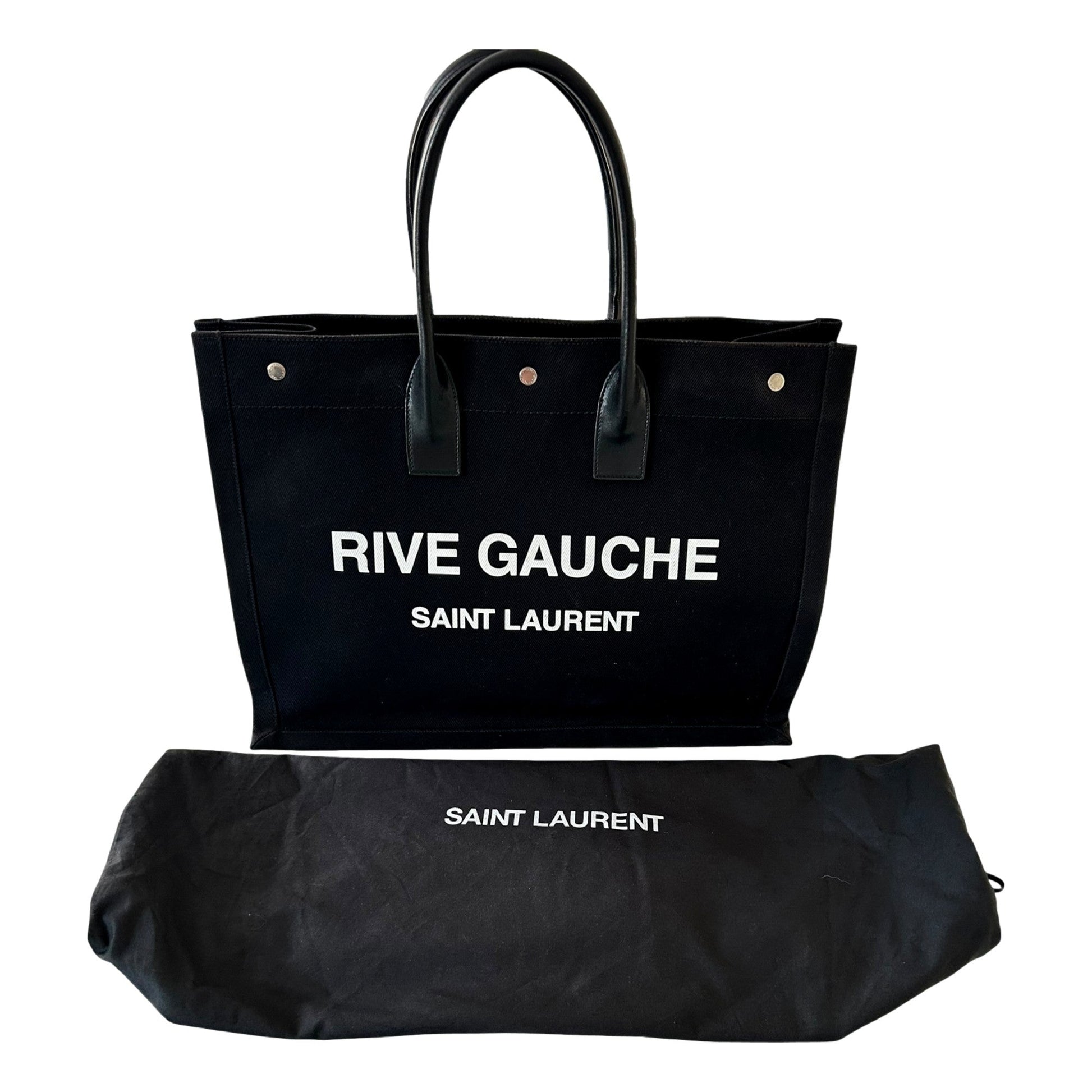Saint Laurent Rive Gauche Black Canvas Leather Trim Tote Bag -   Shop Bags LLC 