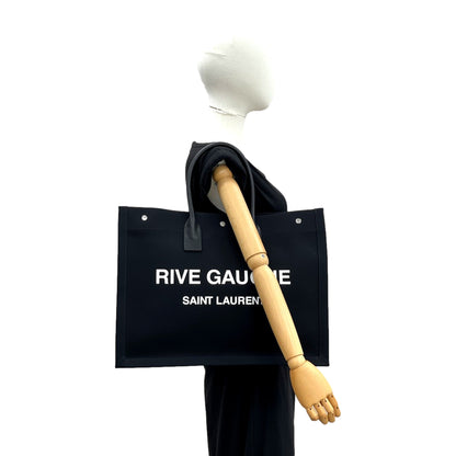 Saint Laurent Rive Gauche Black Canvas Leather Trim Tote Bag -   Shop Bags LLC 