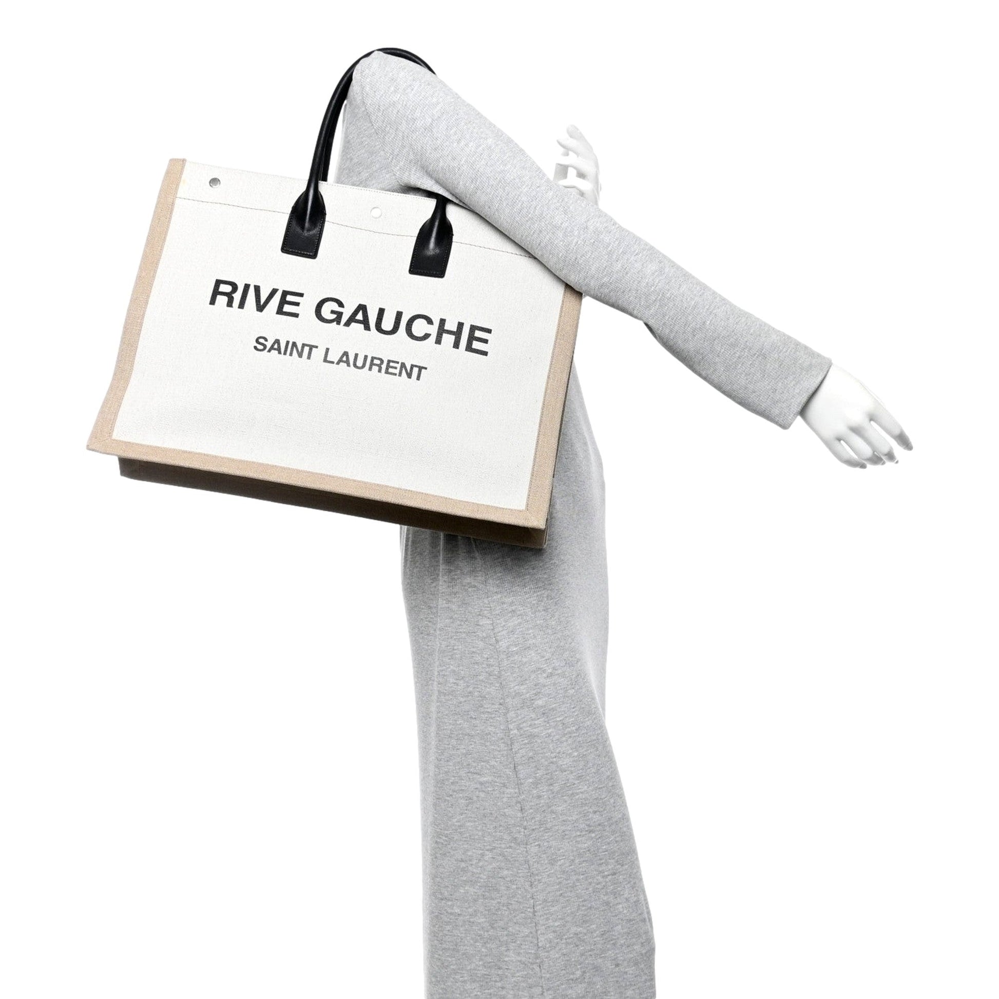 Saint Laurent Rive Gauche Canvas Leather Top Handles Large Tote Bag Beige -   Shop Bags LLC 