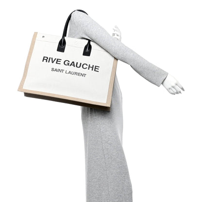 Saint Laurent Rive Gauche Canvas Leather Top Handles Large Tote Bag Beige -   Shop Bags LLC 