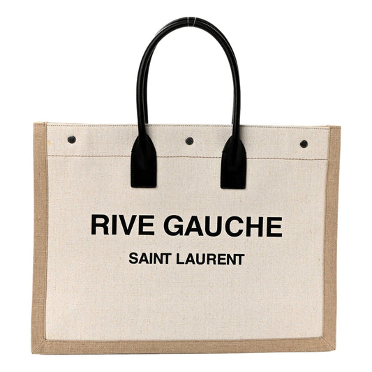Saint Laurent Rive Gauche Canvas Leather Top Handles Large Tote Bag Beige -   Shop Bags LLC 