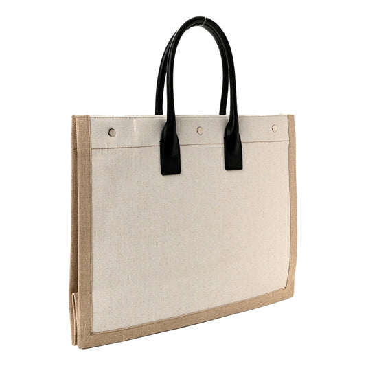 Saint Laurent Rive Gauche Canvas Leather Top Handles Large Tote Bag Beige -   Shop Bags LLC 