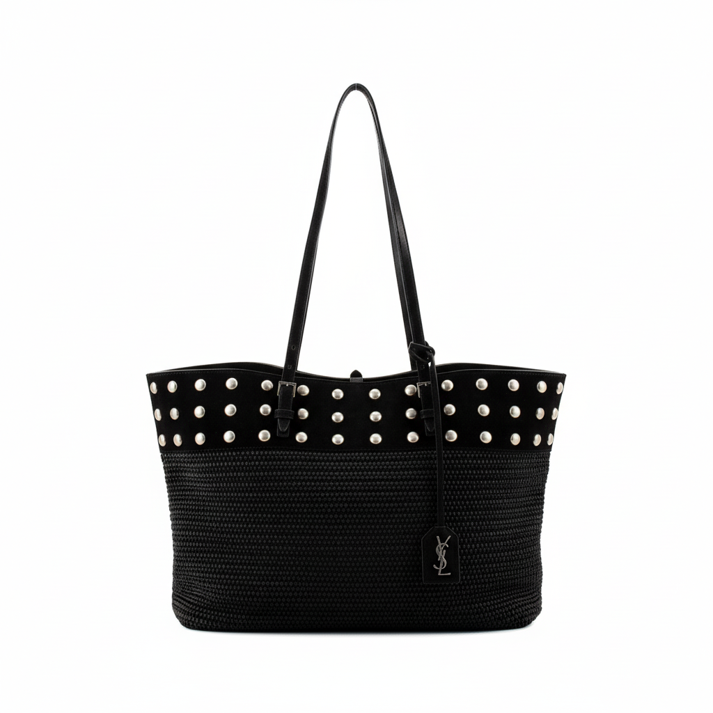 Saint Laurent Studded Raffia Tote - Chic Black Leather Bag for All -   Shop Bags LLC 