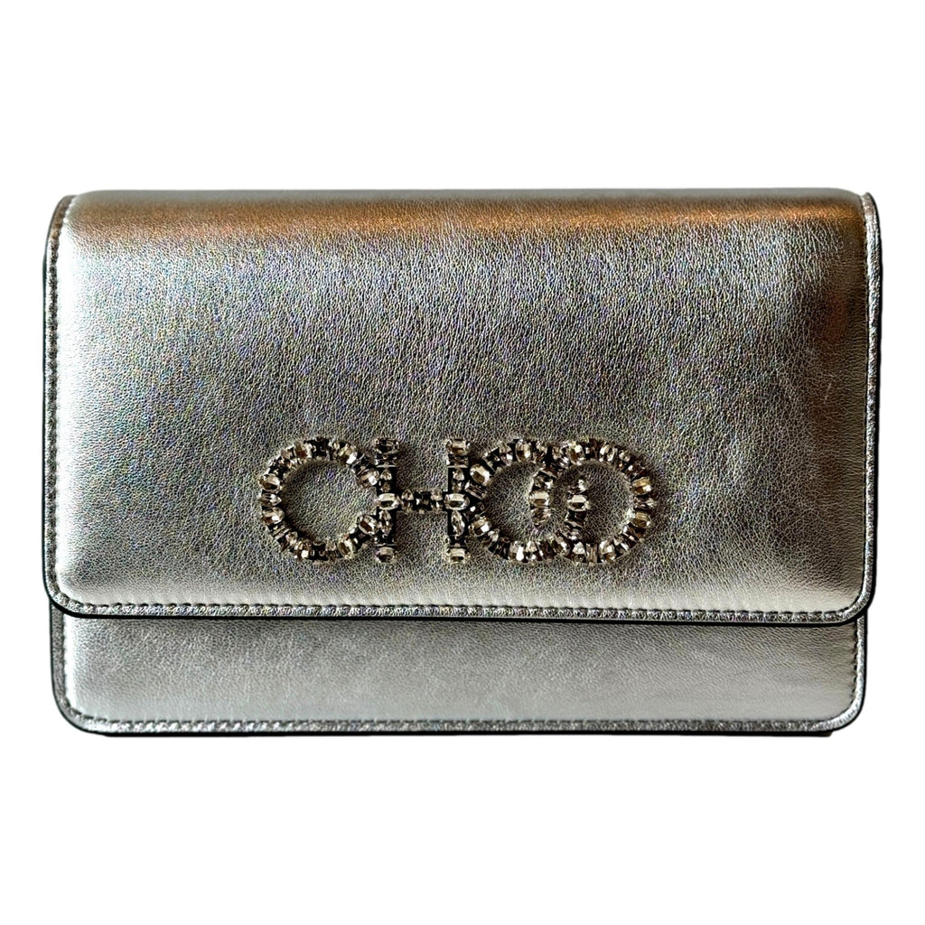 Silver Clutch & Crossbody Bag | Jimmy Choo | Crystal Logo Elegance -   Shop Bags LLC 