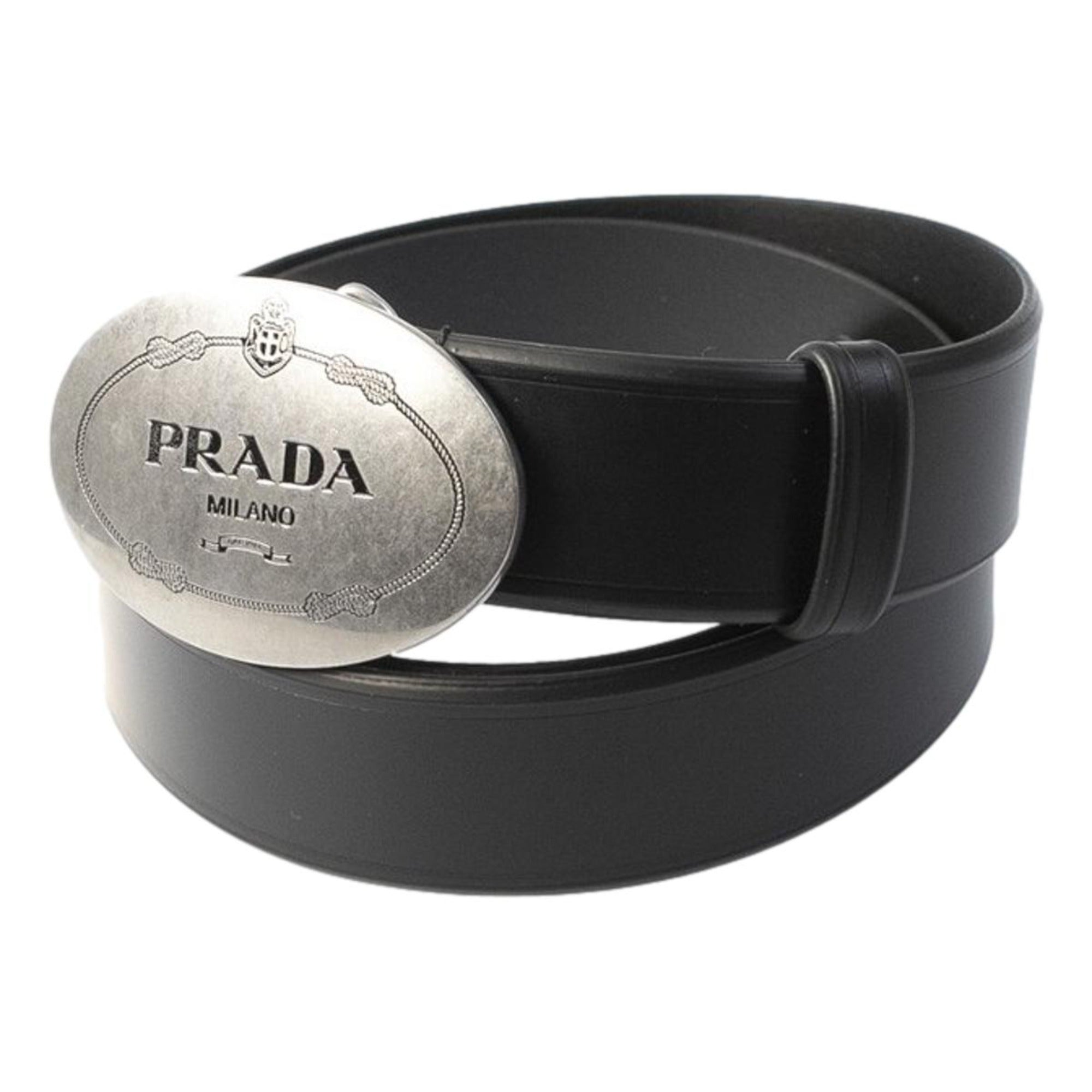 Prada Navy Saffiano Leather Belt - Elegant Matte Silver Buckle