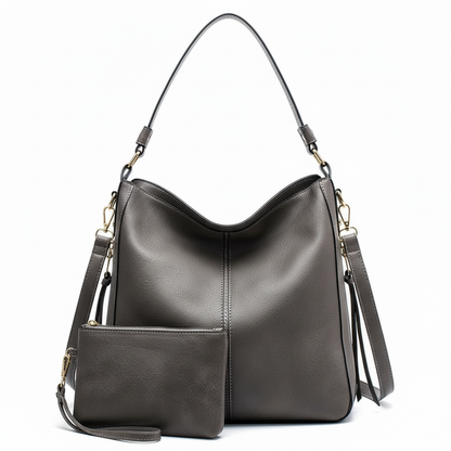 Stylish Gray Leather Tote Bag with Chic Pouch - Elevate Your Look -   Shop Bags LLC