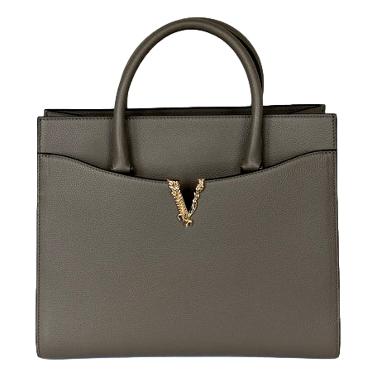 Versace Virtus Calfskin Leather Medium Top Handle Tote Taupe Grey -   Shop Bags LLC