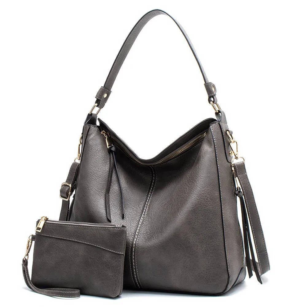 Tote Bag, Handbag, Stylish Bag - Durable Gray Leather with Pouch -  