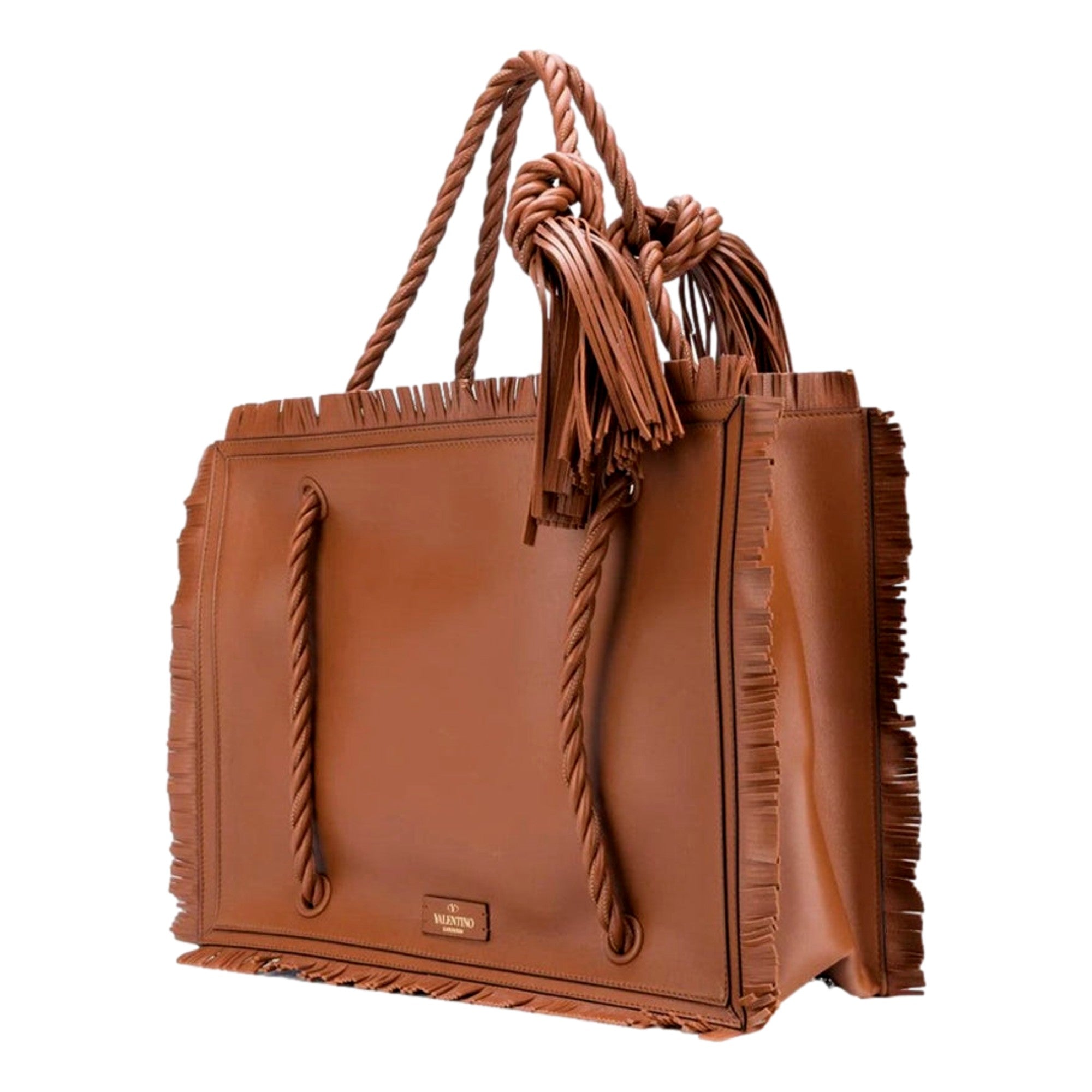Valentino Garavani Fringe Brown Leather Tote - Elegant & Spacious -   Shop Bags LLC 