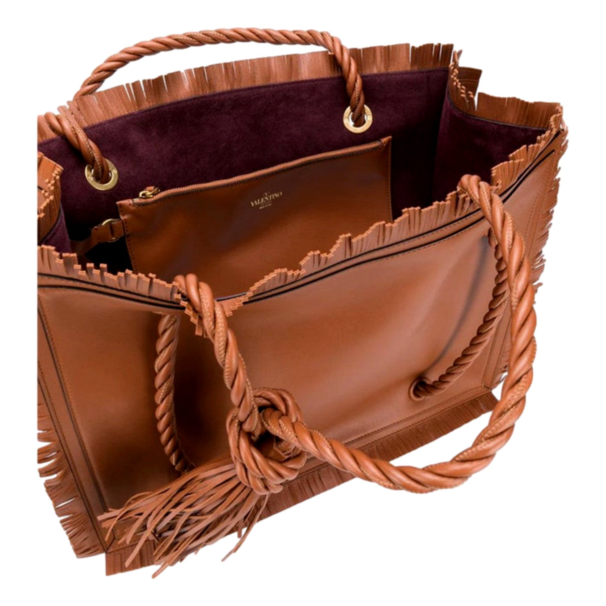 Valentino Garavani Fringe Brown Leather Tote - Elegant & Spacious -   Shop Bags LLC 