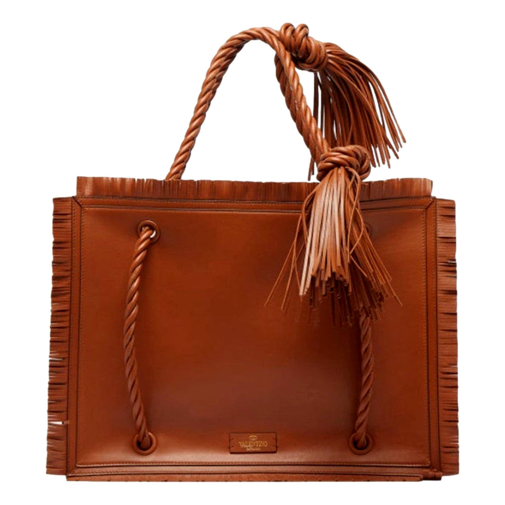 Valentino Garavani Fringe Brown Leather Tote - Elegant & Spacious -   Shop Bags LLC 