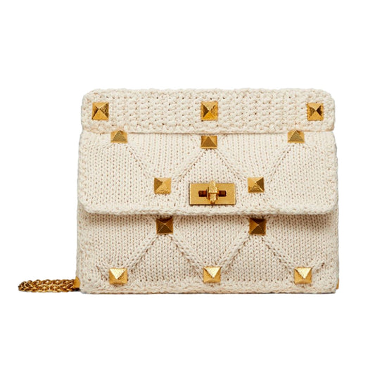 Valentino Garavani Roman Stud Large Shoulder Bag - Ivory Knit Elegance -   Shop Bags LLC 