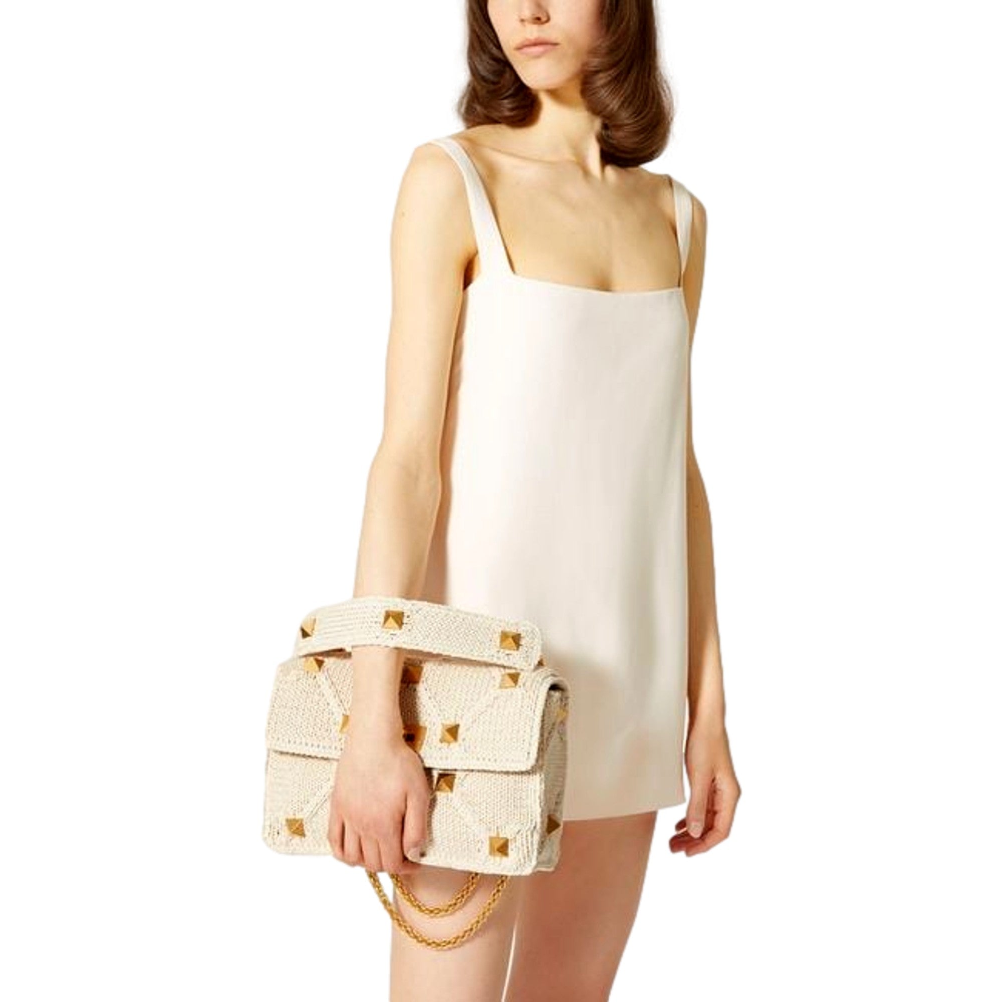 Valentino Garavani Roman Stud Large Shoulder Bag - Ivory Knit Elegance -   Shop Bags LLC 