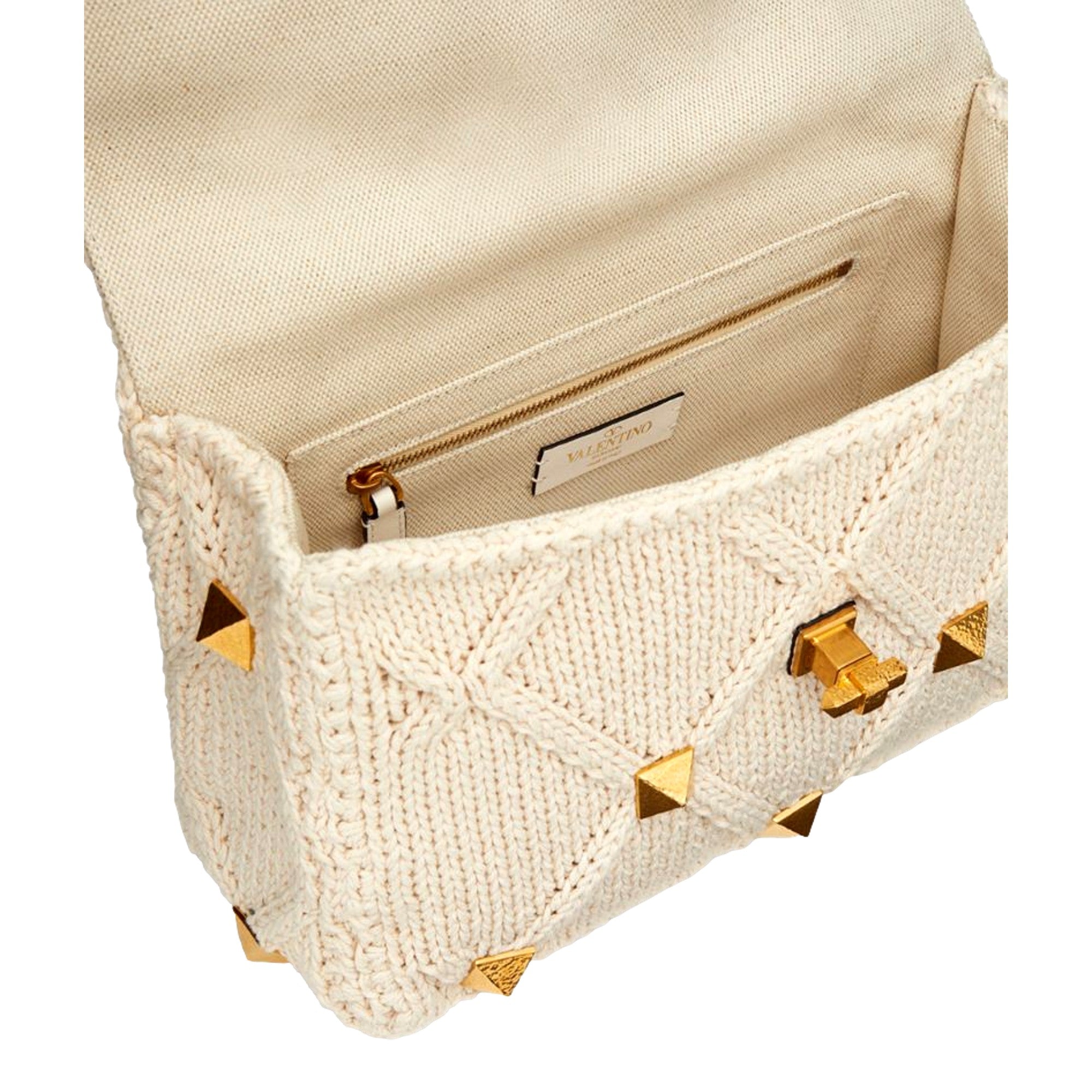 Valentino Garavani Roman Stud Large Shoulder Bag - Ivory Knit Elegance -   Shop Bags LLC 