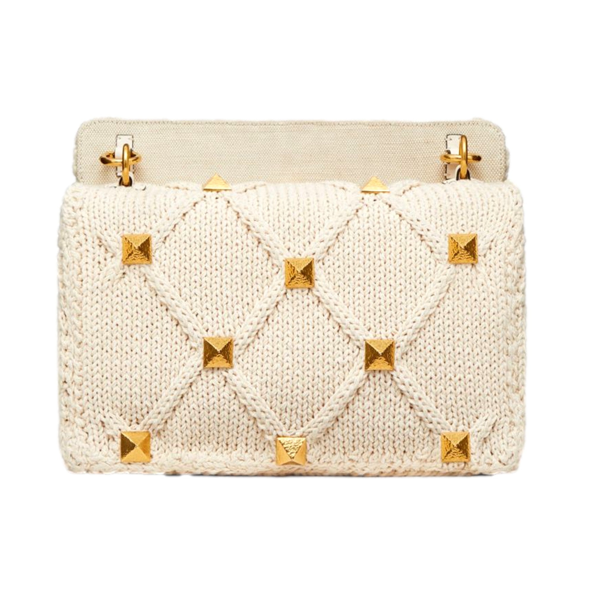 Valentino Garavani Roman Stud Large Shoulder Bag - Ivory Knit Elegance -   Shop Bags LLC 