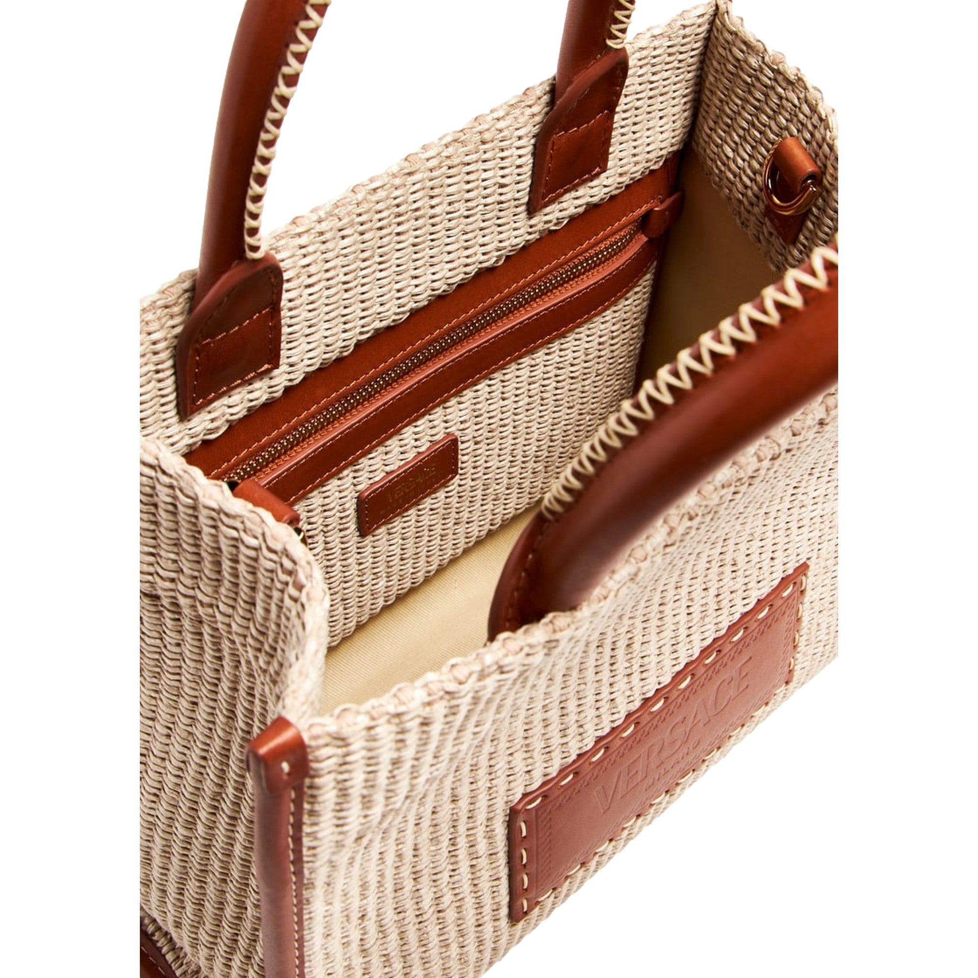 Versace Athena Raffia Leather Small Shopper Tote Beige -   Shop Bags LLC