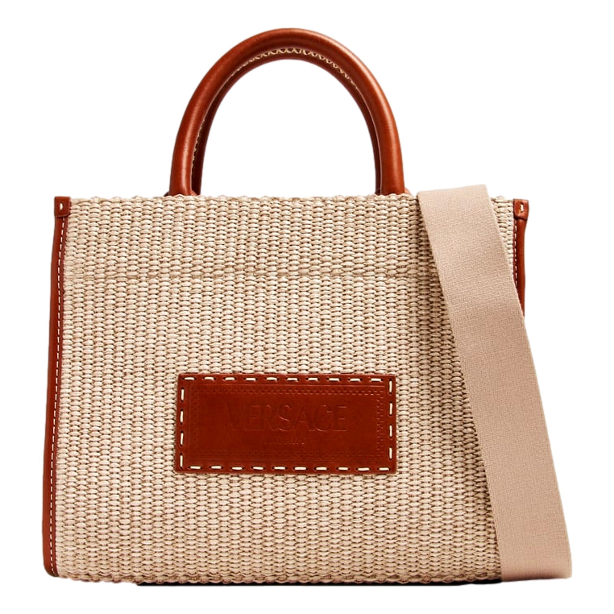 Versace Athena Raffia Leather Small Shopper Tote Beige -   Shop Bags LLC