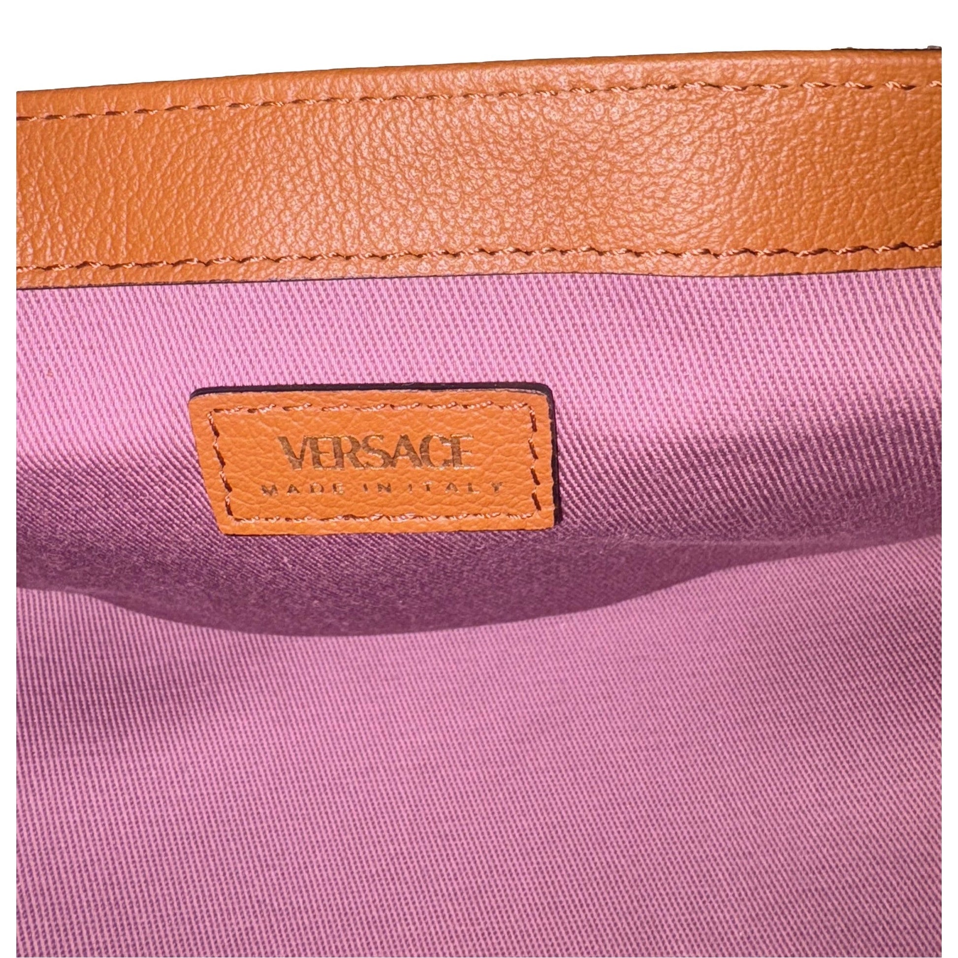Versace Half-Moon La Medusa Vitello Leather Summer Nude Brown Crossbody Handbag -   Shop Bags LLC