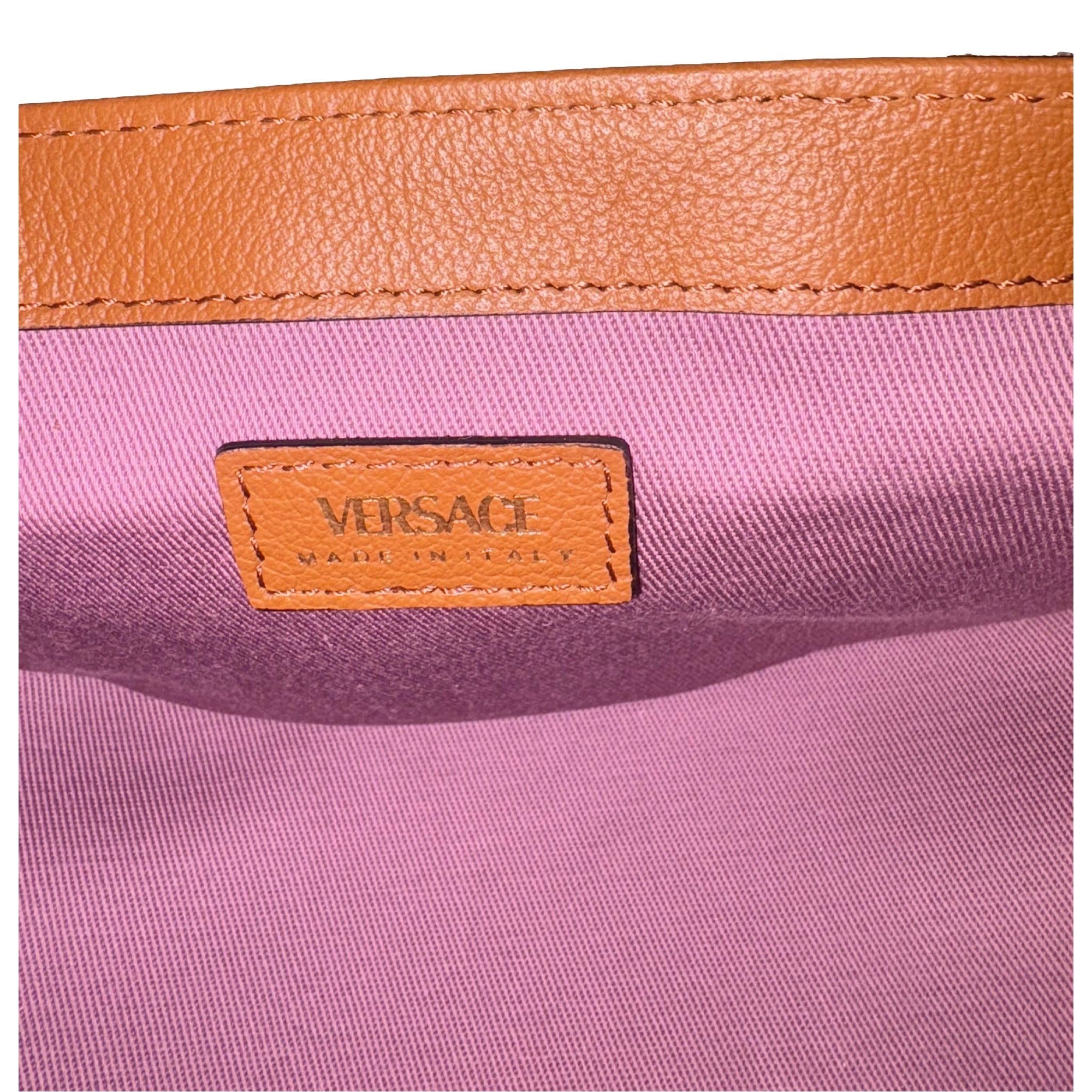 Versace Half-Moon La Medusa Vitello Leather Summer Nude Brown Crossbody Handbag -   Shop Bags LLC