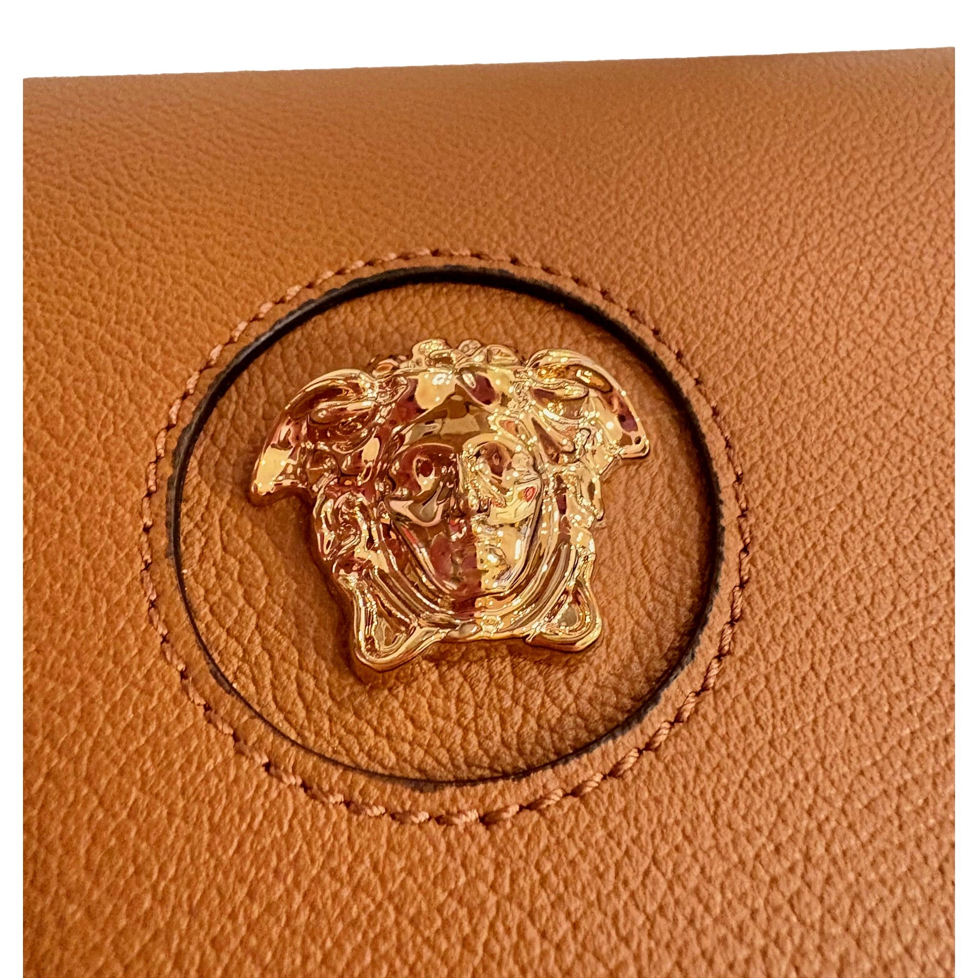 Versace Half-Moon La Medusa Vitello Leather Summer Nude Brown Crossbody Handbag -   Shop Bags LLC