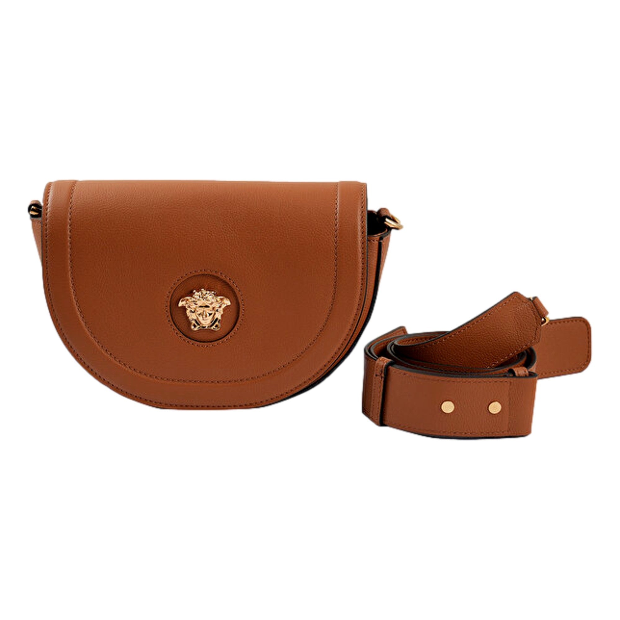 Versace Half-Moon La Medusa Vitello Leather Summer Nude Brown Crossbody Handbag -   Shop Bags LLC