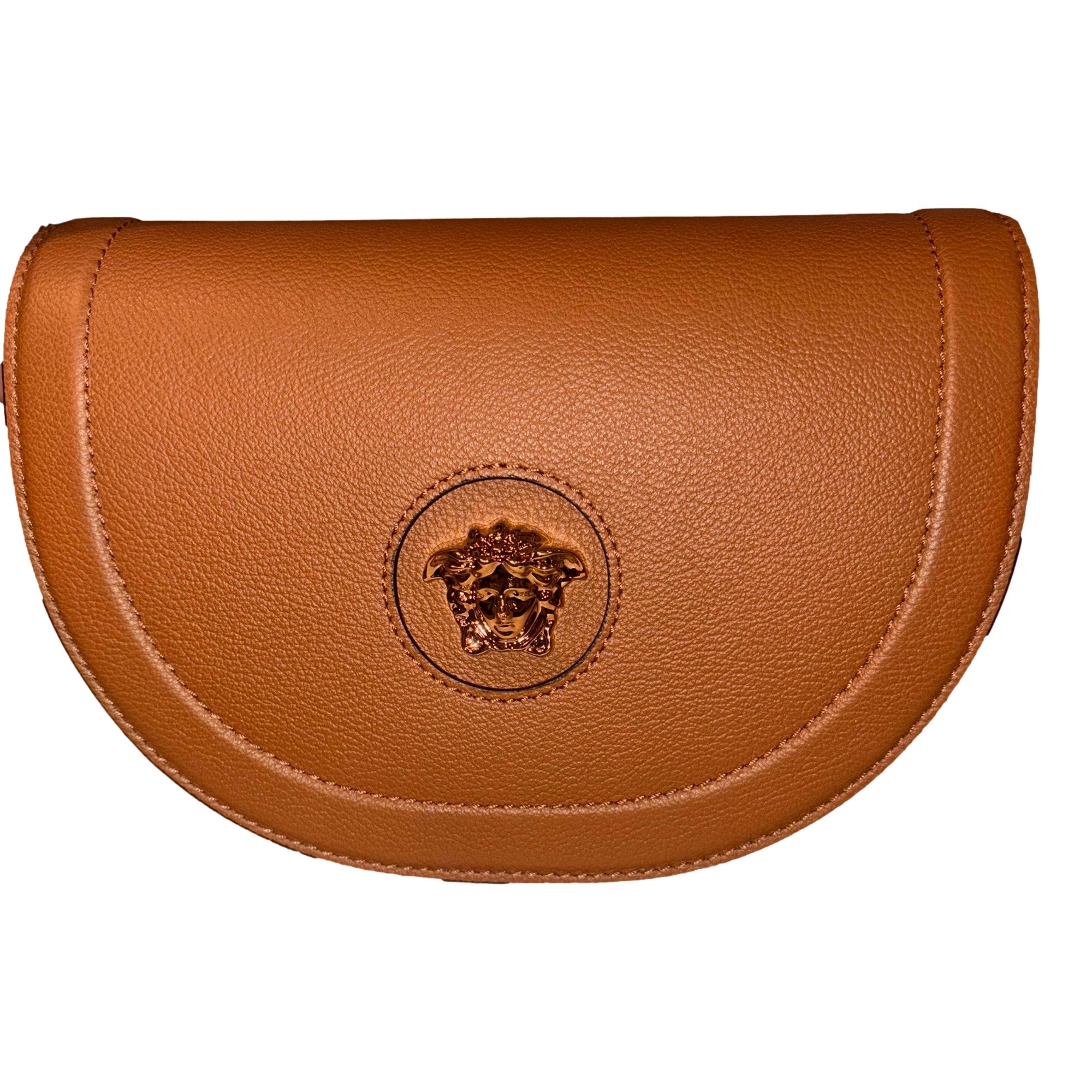 Versace Half-Moon La Medusa Vitello Leather Summer Nude Brown Crossbody Handbag -   Shop Bags LLC